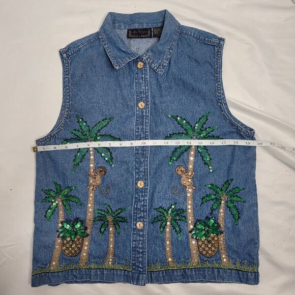 VINTAGE 90s shirt monkey palm tree embellished blue denim top L - Picture 10 of 10